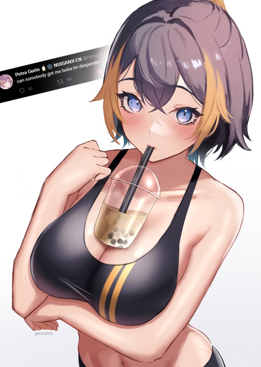 1girls arm_below_breasts belly_button big_breasts black_hair blue_eyes blush boba_tea breasts cleavage gudanco_(nyanmeowzer) navel nijisanji nijisanji_en object_on_breast petra_gurin solo solo_female solo_focus sucking top_view virtual_youtuber