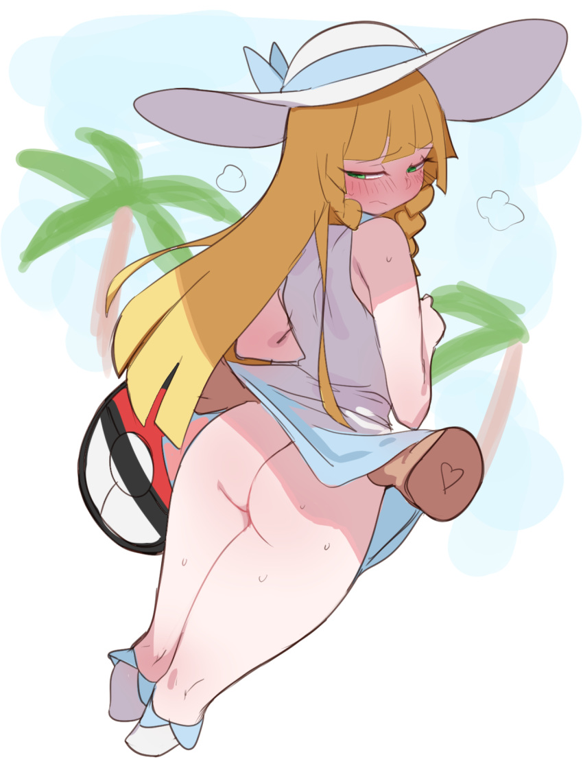 1girls ass best_girl blonde_hair blush bottomless bottomless_skirt butt_crack cute cute_butt disembodied_hand embarrassed fat_ass female female_focus female_only game_freak green_eyes hat lightsource lillie_(pokemon) long_hair looking_back nintendo no_panties no_panties_under_skirt pokemon pokemon_(game) pokemon_sm skirt_lift solo solo_female solo_focus sweat thick_thighs thighs upskirt