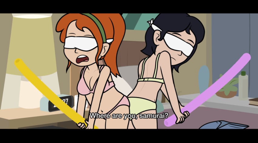 2girls bed bedroom black_hair blindfold bra dialogue dm29 light-skinned_female multiple_girls orange_hair pale-skinned_female panties playing ponytail pool_noodle sandra_tang short_hair sleepover trudy_lin underwear underwear_only yours_trudy