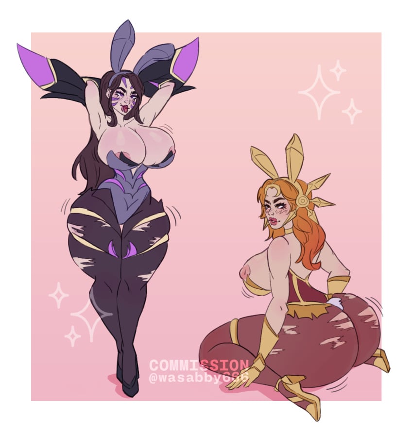 big_ass big_breasts big_butt breast_squeeze breasts breasts_out bunny bunny_costume bunny_ear bunny_ears bunny_girl bunny_tail bunnygirl bunnysuit expansion hourglass hourglass_expansion hourglass_figure inflation kai'sa league_of_legends leona_(league_of_legends) rabbit rabbit_ears riot_games thick_thighs thighhighs wasabby666