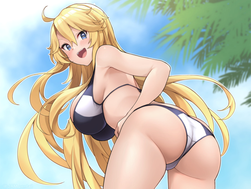 ass bikini black_bikini blonde_hair blue_eyes blue_sky breasts cloud cloudy_sky day female hair_between_eyes iowa_(kantai_collection) jampen kantai_collection large_breasts long_hair looking_at_viewer looking_back open_mouth outdoors sky smile solo swimsuit tree two-tone_bikini white_bikini