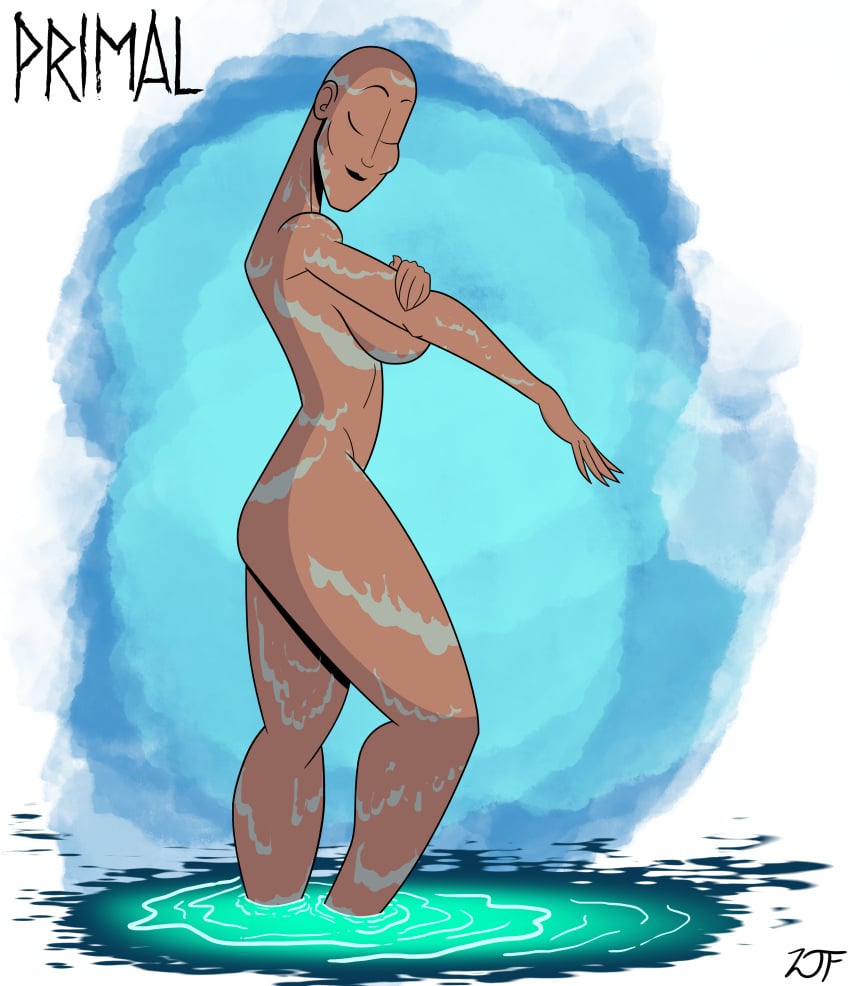 1girls bald bald_female bathing big_breasts cel_shading dark-skinned_female dark_skin eyes_closed female female_only human mira_(primal) naked nude nude_female pinup primal_(series) rustysh4ckl3ford shaded simple_shading smile thick_thighs water wet