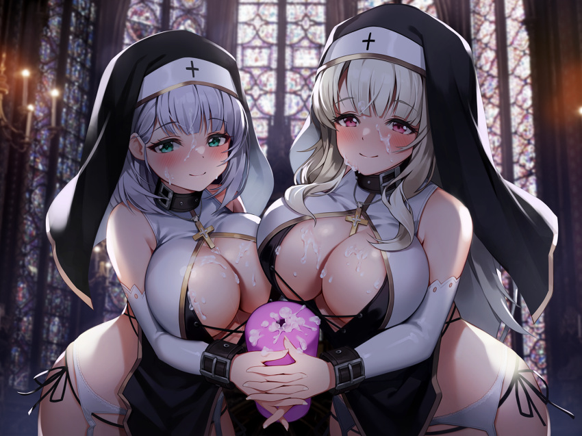 2girls artificial_vagina asymmetrical_docking bangs bare_shoulders big_breasts black_collar black_hair black_panties blonde_hair blue_eyes blush breast_press breasts cleavage closed_mouth collar cross cross_necklace cum cum_on_body cum_on_breasts facial garter_belt grey_hair habit holding indoors interlocked_fingers jewelry large_breasts long_hair long_sleeves looking_at_viewer medium_hair multiple_girls necklace nun original panties pelvic_curtain pink_eyes pinki_o64 sex_toy side-tie_panties smile underwear veil