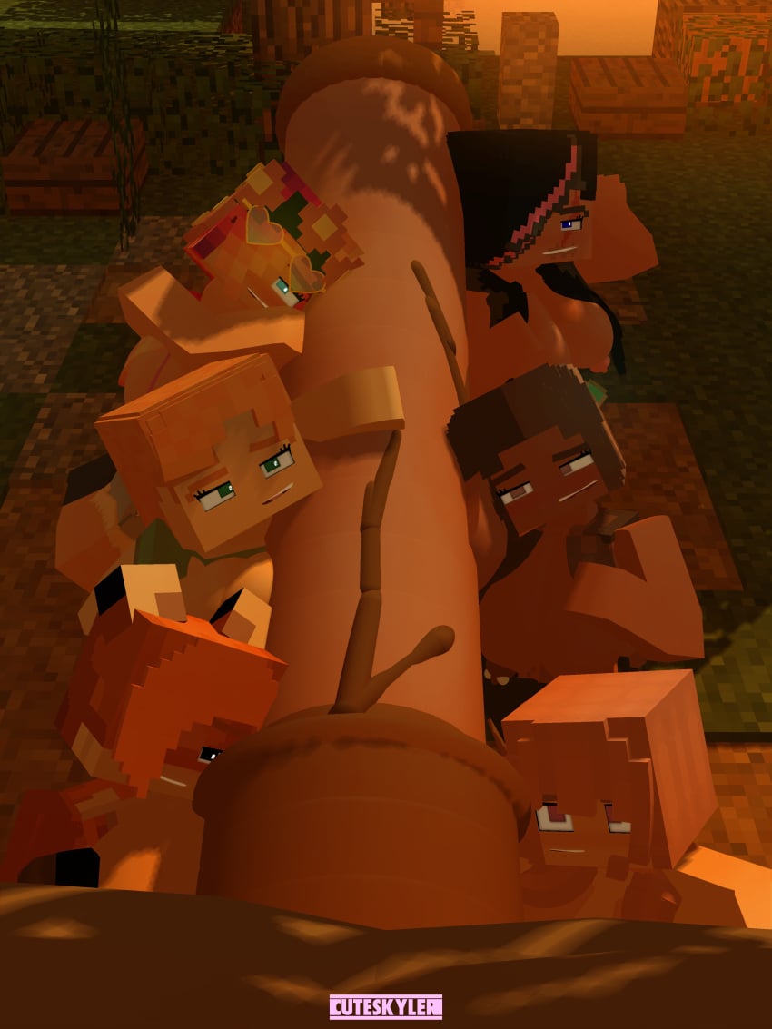 3d alex_(minecraft) cuteskyler gigantic_penis harem horse horse_(minecraft) horsecock hyper hyper_penis mine-imator minecraft multiple_girls penis_worship skyler_quinn square_head tagme