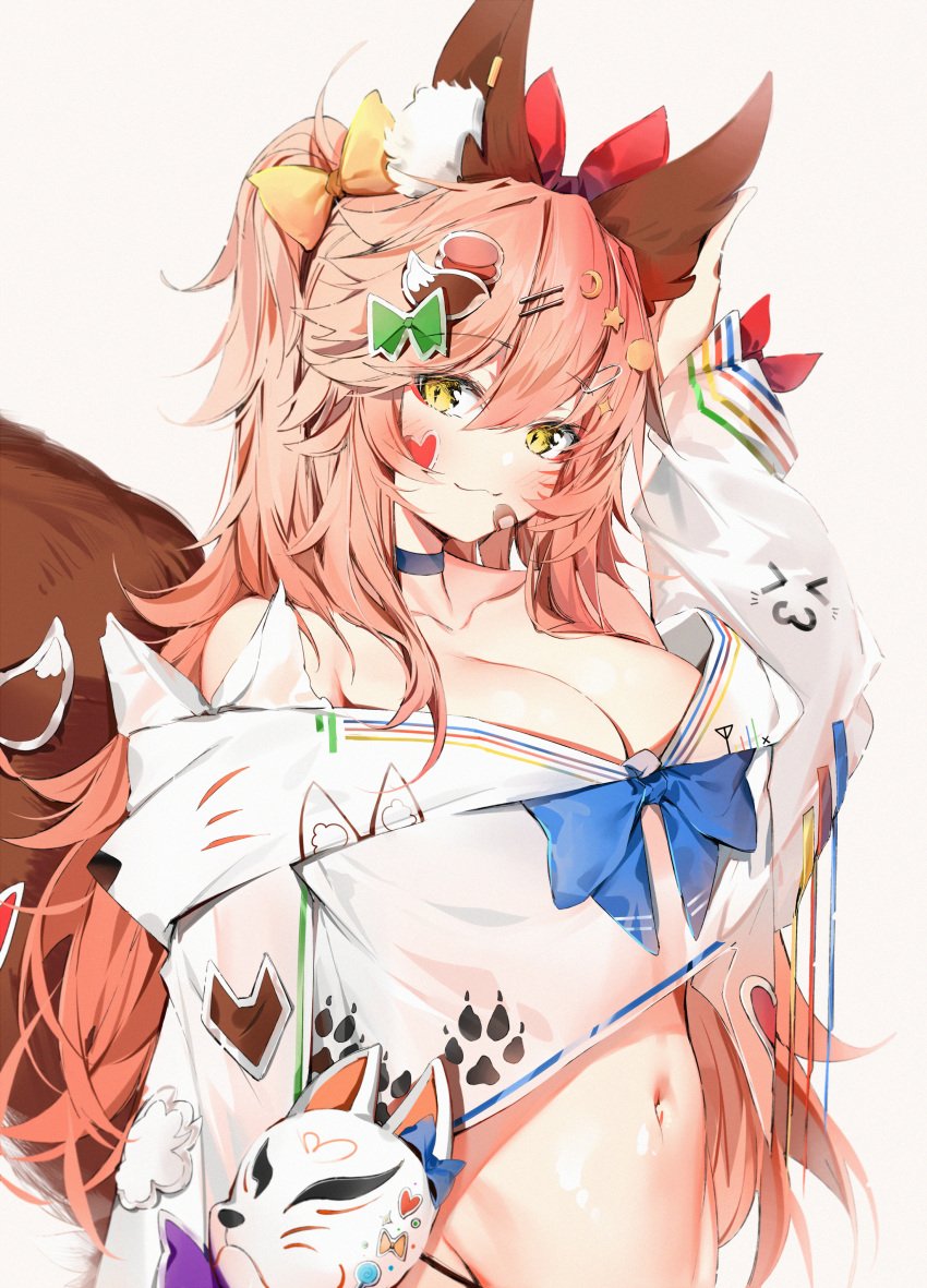 1girl :3 absurdres animal_ear_fluff animal_ears arm_up bandaid bandaid_on_face bangs blue_bow blue_choker blush bow breasts choker cleavage collarbone commentary crescent crescent_hair_ornament crop_top facial_mark fate/extra fate/grand_order fate_(series) fox_ears fox_girl fox_mask fox_tail green_bow hair_between_eyes hair_bow hair_ornament hairclip heart_stickers highres huge_filesize large_breasts long_hair long_sleeves looking_at_viewer mask mask_removed midriff navel off_shoulder pink_hair red_bow shirt silver_(chenwen) simple_background solo star_(symbol) star_hair_ornament sticker stomach tagme tail tail_raised tamamo_(fate) tamamo_no_mae_(fate) tamamo_no_mae_(fate/extra) very_long_hair whisker_markings white_background white_shirt yellow_bow yellow_eyes