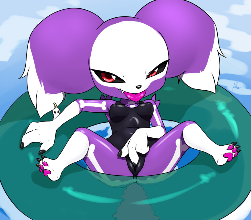 alice_(foxtalon) bandai_namco bone_pattern camel_toe clothing cute_fangs dark_sclera digimon digimon_(species) ear_piercing female fingering fingering_self fur furball_(artist) furry genitals hybrid impmon inflatable inner_tube masturbation one-piece_swimsuit pawpads piercing purple_body purple_fur pussy red_eyes renamon renimpmon short_stack shortstack skull_accessory solo spread_legs spread_pussy spreading swimming_pool swimwear tongue tongue_out