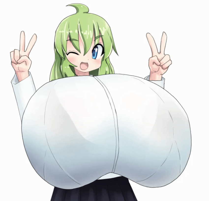 1girls animated bouncing_breasts bra_visible_through_clothes breasts_bigger_than_head breasts_bigger_than_torso double_v enormous_breasts gigantic_breasts green_hair huge_breasts hyper hyper_breasts looking_at_viewer massive_breasts mocoack one_eye_closed peace_sign tagme v