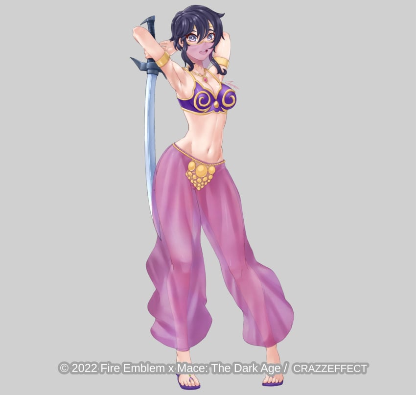 1girls alternate_costume armpits arms_behind_back belly_dancer black_hair blue_eyes blue_hair breasts cleavage cosplay crazzeffect crossover dancer dancer_outfit female female_only fire_emblem fire_emblem:_genealogy_of_the_holy_war grin harem_outfit highres holding holding_sword holding_weapon larcei_(fire_emblem) large_breasts looking_at_viewer mace:_the_dark_age mouth_veil namira namira_(cosplay) nintendo purple_eyes sandals see-through short_hair simple_background smile solo sword tomboy veil weapon