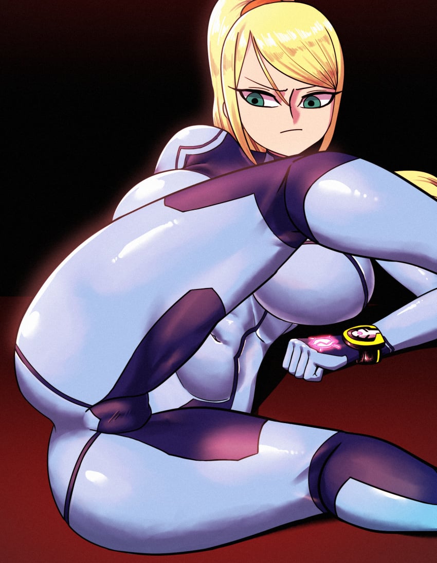 1girls 2022 ass blonde_hair bodysuit breasts cameltoe green_eyes hotaruman97 large_breasts leg_lift long_hair lying metroid nintendo on_side one_leg_up ponytail samus_aran skin_tight tagme thighs zero_suit_samus