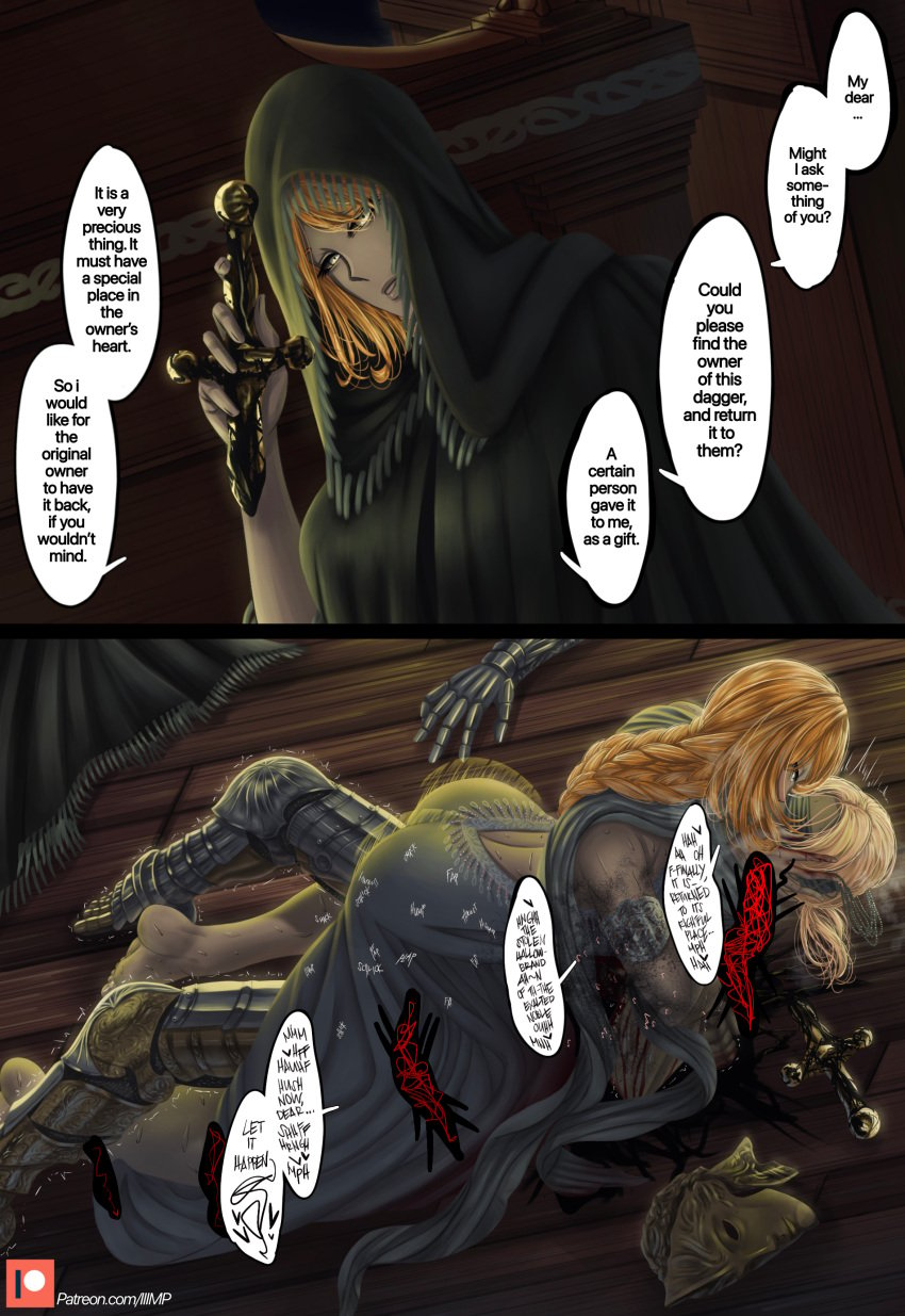 armor armored_boots armored_gloves blonde blonde_female blonde_hair blood breathing clothed clothed_sex cowgirl_position d_hunter_of_the_dead deadly_sex death elden_ring energy_drain femdom fia_the_deathbed_companion fromsoftware helm iiimp imminent_death instant_loss_2koma kiss kissing knife necrophilia on_the_floor rape resisting robe snuff sweating sweating_profusely woman_on_top