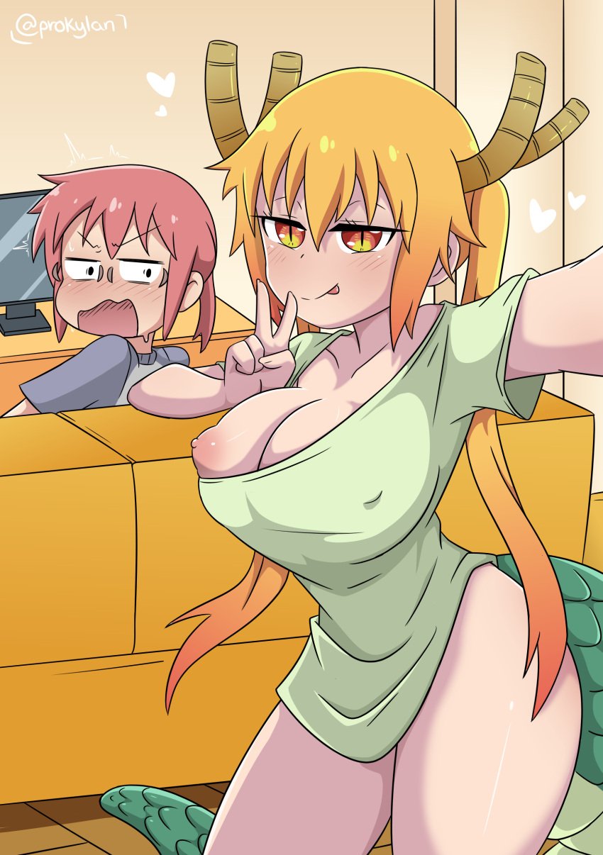 2girls :o :p big_breasts blush_lines clothing high_resolution human kobayashi miss_kobayashi's_dragon_maid monster_girl multiple_girls nipples one_breast_out peace_sign prokylan selfie shocked shocked_expression smile tagme tohru_(dragon_maid) v_sign