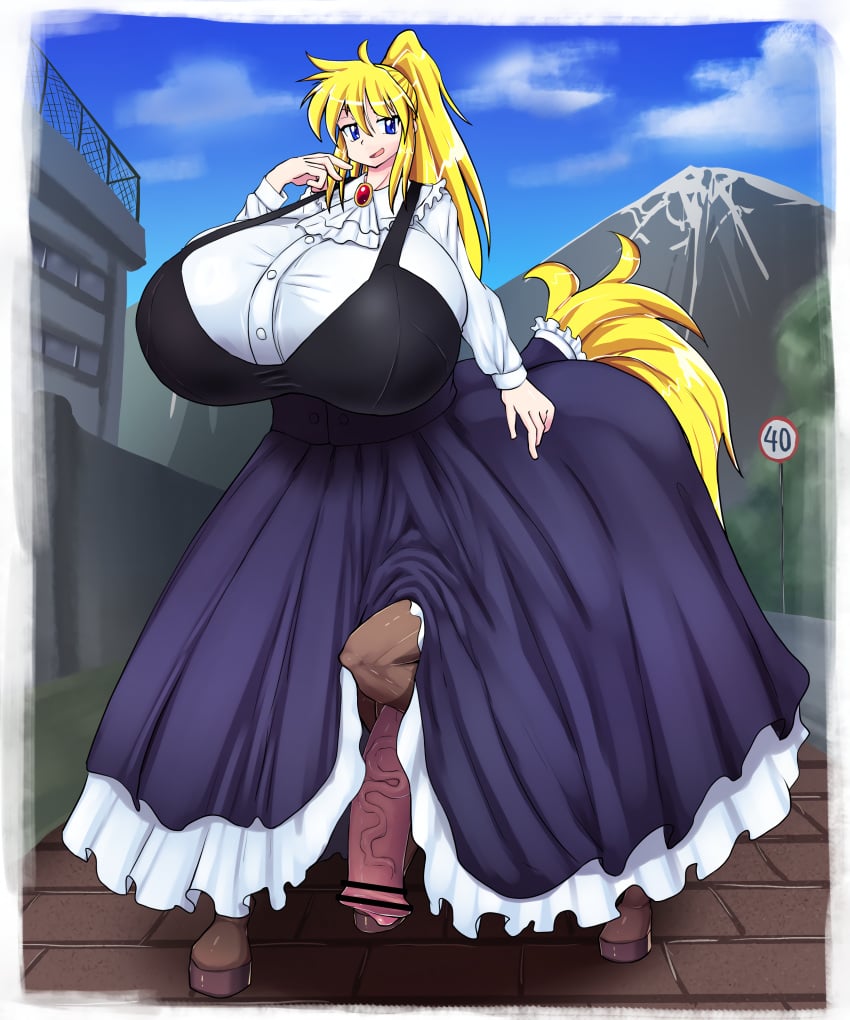 1futa blonde_hair breasts breasts_bigger_than_head centaur clothed clothing detailed_background dickgirl enormous_ass enormous_breasts full_body futa_only futanari gigantic_breasts horse_penis horsecock horsecock_futanari huge_ass huge_breasts humanoid hyper hyper_breasts hyper_penis light-skinned_futanari light_skin long_hair looking_at_viewer massive_breasts mocoack mostly_clothed penis solo standing