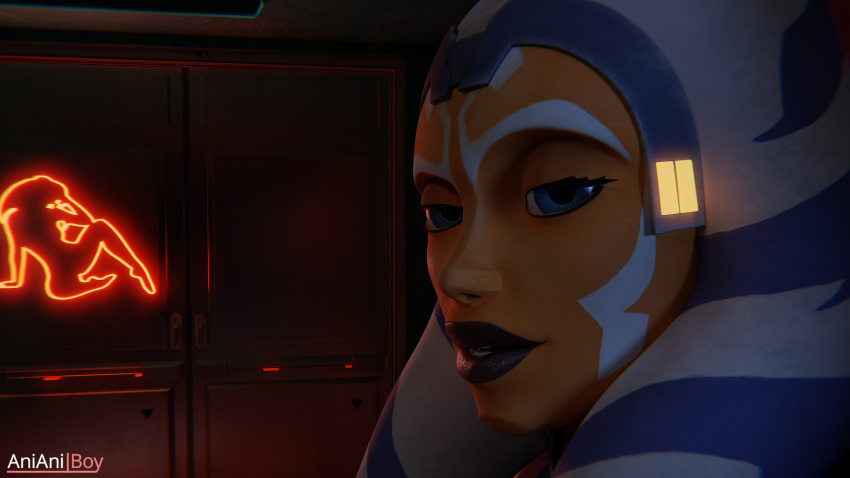 1girls 3d ahsoka_tano airress3d_(3d-modeller) alien alien_girl anianiboy bar blue_eyes close-up eye_contact face female female_only high_resolution lips neon_lights no_sex orange_skin seductive seductive_smile solo star_wars text the_clone_wars:_season_seven togruta