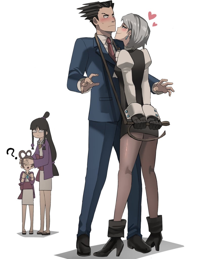 1boy 3girls blush boots covering_eyes earrings female flirting franziska_von_karma fully_clothed gloves gyakuten_saiban heart high_heels jourd4n karuma_mei male maya_fey naruhodou_ryuuichi nervous pearl_fey phoenix_wright question_mark sandals seducing seductive skirt smile source_request straight suit tagme whip