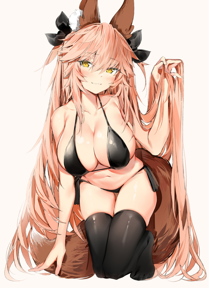 big_breasts bikini bikini_bottom bikini_top black_legwear black_socks black_thigh_highs black_thighhighs bow bow_panties bows breasts crouching fate/extra fate/grand_order fate_(series) female fox fox_ears fox_girl fox_tail hair hair_ribbon holding holding_hair kitsune kneeling long_hair silver_(chenwen) smile smiling smiling_at_viewer staring staring_at_viewer tagme tamamo_no_mae_(fate) thick_thighs thigh_gap thigh_highs thighhighs yellow_eyes