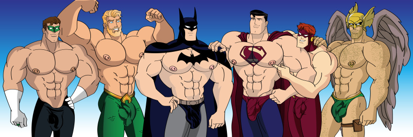 6boys aquaman arthur_curry batman big_bulge bruce_wayne bulge carter_hall clark_kent dc dc_comics flexing green_lantern hal_jordan hawkman huge_bulge kal-el kryptonian male male_only masked mchlsctt709 muscles muscular muscular_male penis_outline superhero superman the_flash wally_west wings