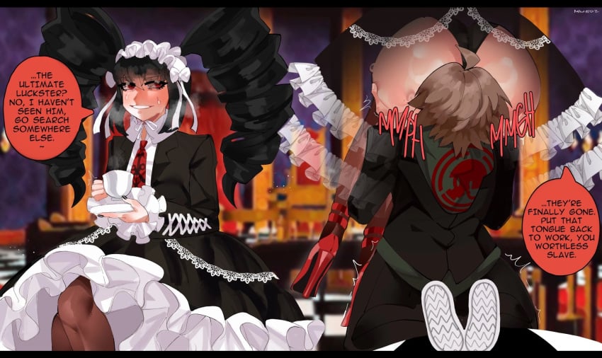 1boy 1girls 2022 ahoge ass background black_hair black_nail_polish black_nails black_panties brown_hair celestia_ludenberg chairs clothed clothed_facesitting clothing danganronpa danganronpa:_trigger_happy_havoc danganronpa_1 dialogue drill_hair english english_dialogue english_text facesitting female femdom goth goth_girl gothic_lolita hair_drills heel_boots heeled_shoes heels legwear male/female malesub mawiedz naegi_makoto nail_polish panties red_eyes red_heels sitting sitting_on_person smile speech_bubble straight straight_hair sweat sweaty_face text thighhighs thighs trial twintails unseen_male_face x-ray