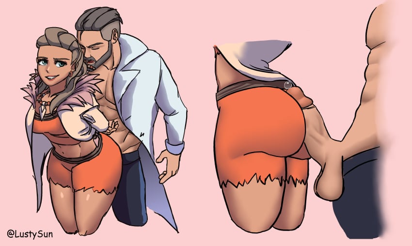 1boy 1boy1girl 1girls ass ass_focus big_ass big_penis buttjob buttjob_over_clothes female huge_ass looking_back lustysun maledom pokemon pokemon_sv precum professor_sada_(pokemon) professor_turo tagme