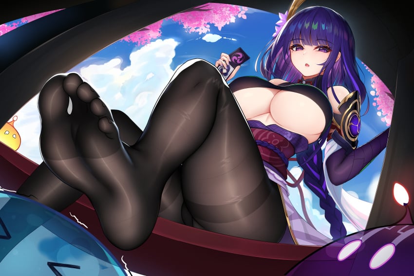 1girls 2022 beauty_mark braided_hair breasts damao_yu feet female female_only foot_fetish foot_focus genshin_impact hi_res hips huge_breasts leggings light-skinned_female light_skin long_hair long_legs mole_under_eye nylons purple_eyes purple_hair raiden_shogun slim_waist thick_thighs thighs wide_hips