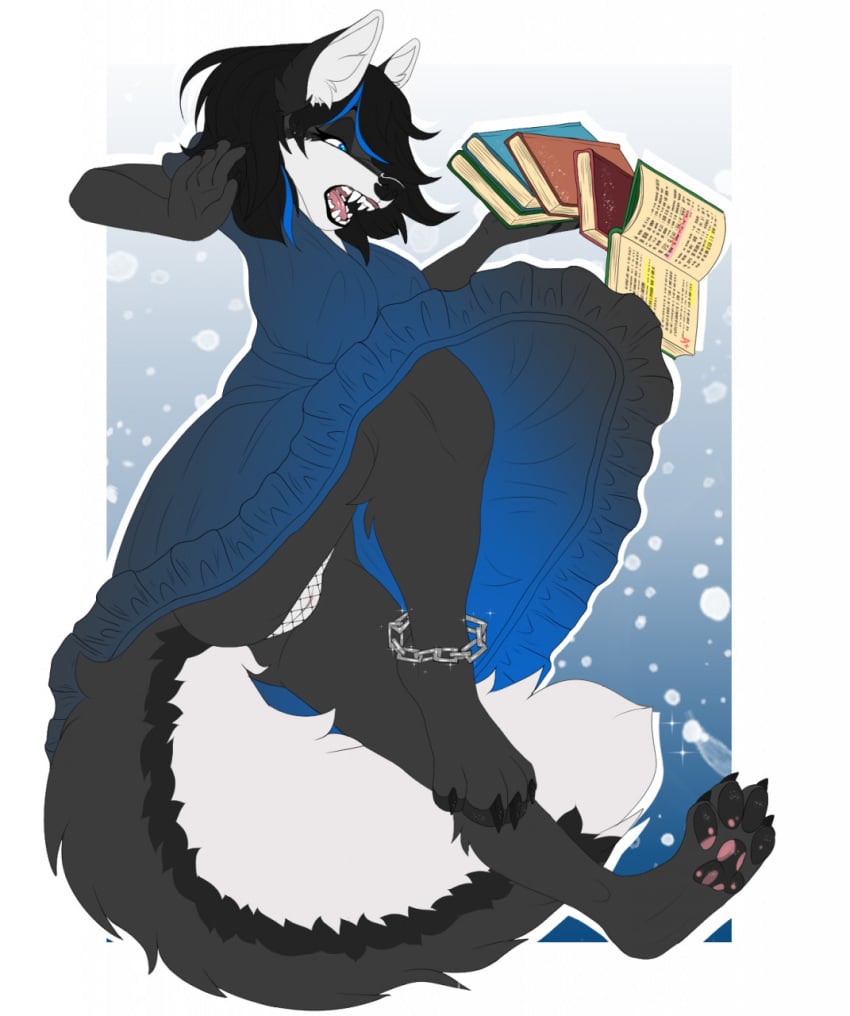 2022 4_toes 5_fingers anthro black_hair black_nose blue_eyes breasts clothed clothing digital_media_(artwork) dress eyebrows eyelashes feet female fingers genitals hair hi_res kaiotawolf open_mouth pussy teeth toes tongue