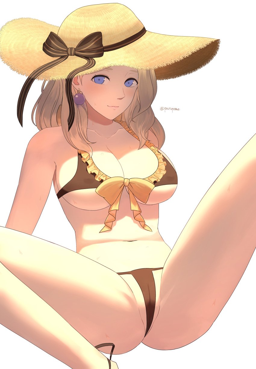 adapted_costume alternate_costume bikini blonde_hair blue_eyes breasts brown_bikini brown_swimsuit female female_only fire_emblem fire_emblem:_three_houses fire_emblem_heroes hat mercedes_von_martritz mercedes_von_martritz_(summer) nintendo official_alternate_costume parupome solo swimsuit