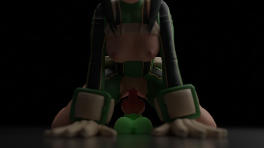 3d blender breasts canine_penis cowgirl_position cut_clothes frog frog_girl green_hair green_outfit hands_forward highres my_hero_academia pussy riding riding_penis ripped_clothing tsuyu_asui