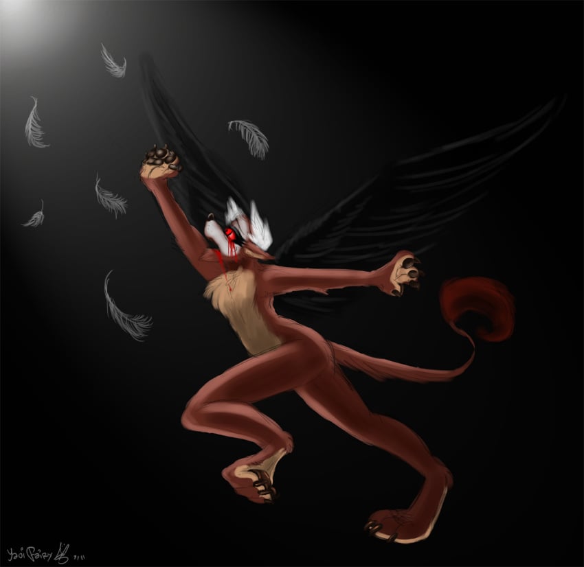 anthro black_background black_body black_claws black_feathers black_nose black_pawpads black_wings blood bodily_fluids brown_body brown_fur brown_tail claws drood feathered_wings feathers fur hi_res male pawpads red_eyes red_sclera red_tail_tuft side_view signature simple_background solo tan_body tan_fur wings yaoifairy