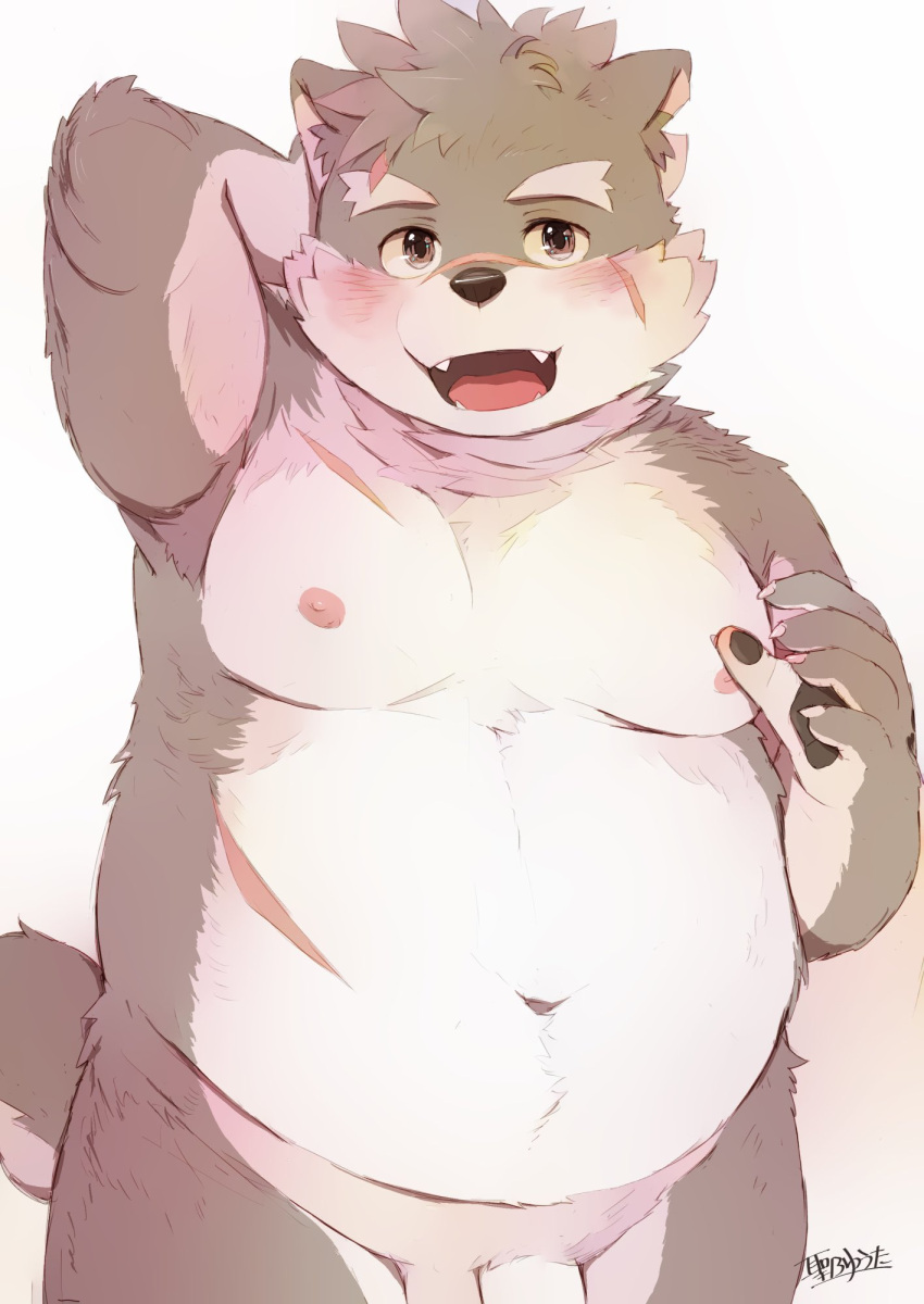 anthro balls belly blush canid canine canis domestic_dog eyebrows facial_scar flaccid genitals hi_res hijirinoyuta lifewonders male mammal moobs moritaka navel nipples nude overweight pawpads penis scar thick_eyebrows tokyo_afterschool_summoners video_games