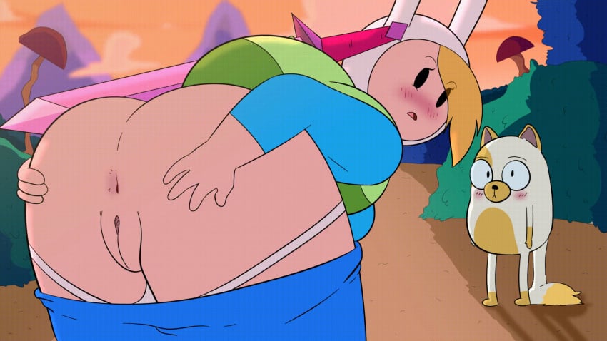 adventure_time animated ass backpack bag bottomwear cake_the_cat clothing embarrassed female fionna_the_human_girl headwear human pale_skin panty_pull presenting_anus presenting_hindquarters presenting_pussy skirt_down skirt_pull spread_ass spreading_ass topwear weapon