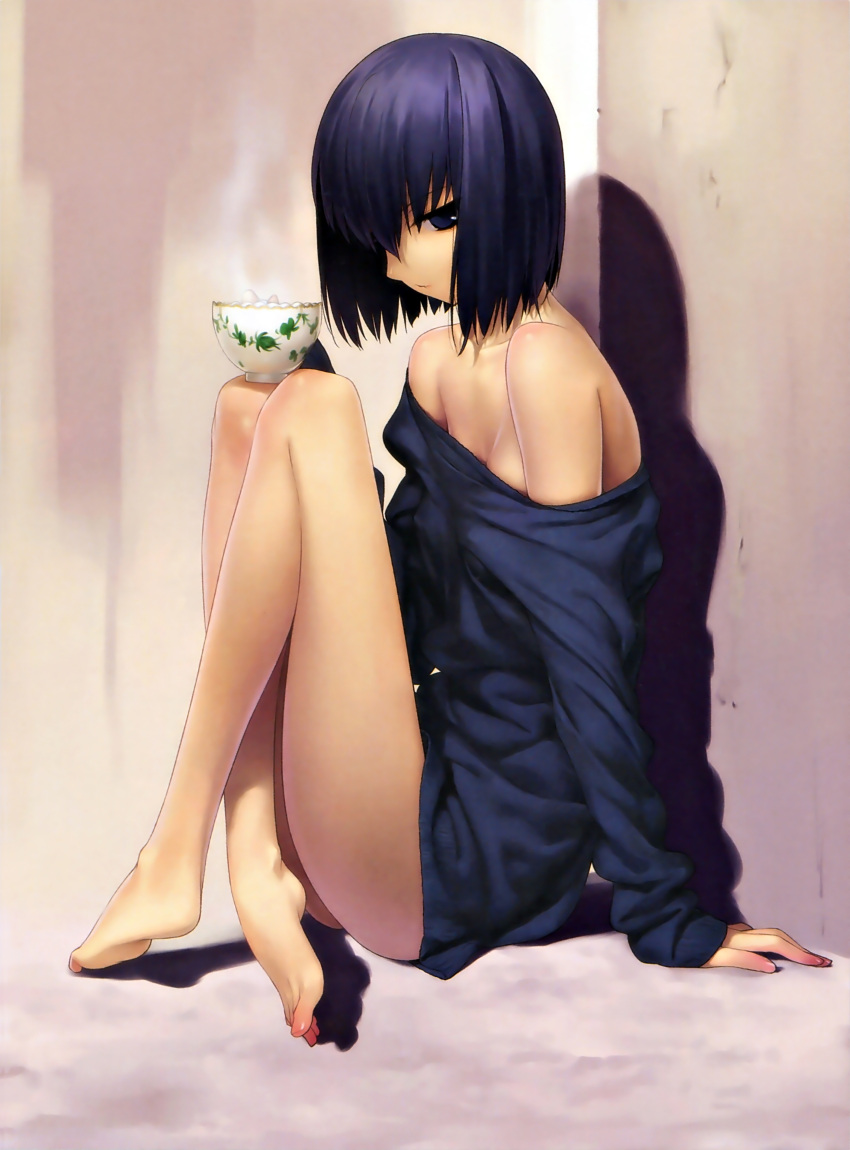 bare_shoulders barefoot black_eyes black_hair bob_cut feet female female_only full_body goth goth_girl hair_over_one_eye knees_up koyama_hirokazu kuonji_alice looking_at_viewer loose_clothes mahou_tsukai_no_yoru medium_hair off_shoulder official_art short_hair sitting solo tea_cup type-moon