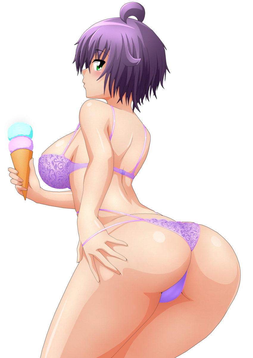 1girls absurdres ass big_ass big_breasts blush bra breasts bubble_butt busty dat_ass female female_only food green_eyes hi_res huge_ass ice_cream large_breasts looking_at_viewer looking_back panties purple_bra purple_hair purple_panties short_hair sideboob solo thick_thighs thighs underwear voluptuous yukino_akaihi yukino_memories zel-sama