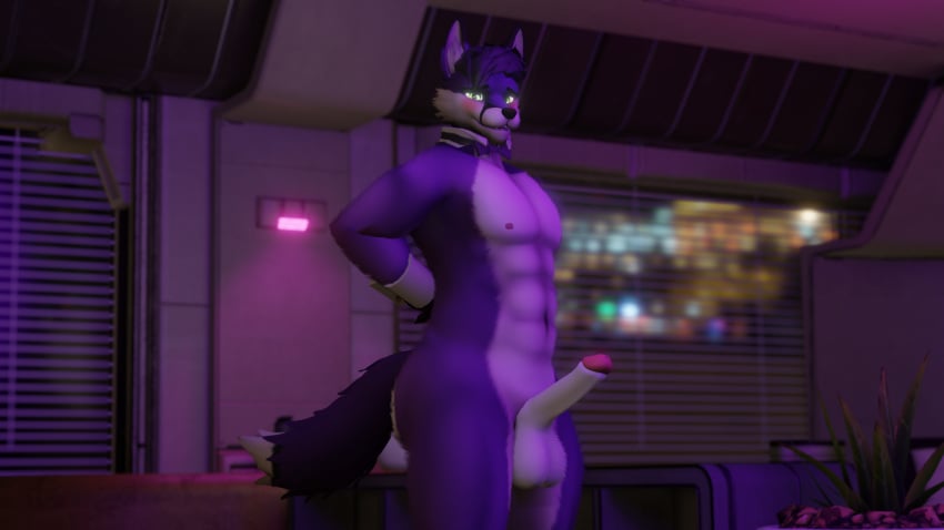 3d_(artwork) absurd_res anthro bjorn_jr blender_(disambiguation) blush butler canid canine digital_media_(artwork) erection fox genitals hi_res huge_filesize male male/male mammal muscular nude penis pose solo thick_thighs vdezten waiter