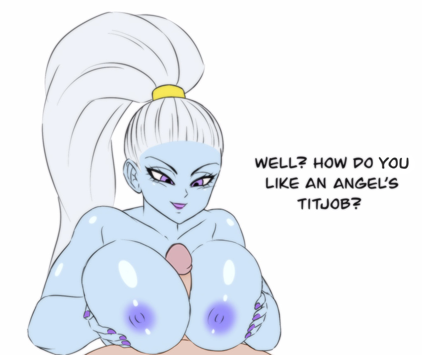 1boy 1girls angel_(dragon_ball) big_breasts blue_skin breasts darwaarts dragon_ball dragon_ball_super english_text female female_focus huge_breasts large_breasts paizuri ponytail shounen_jump text titjob vados