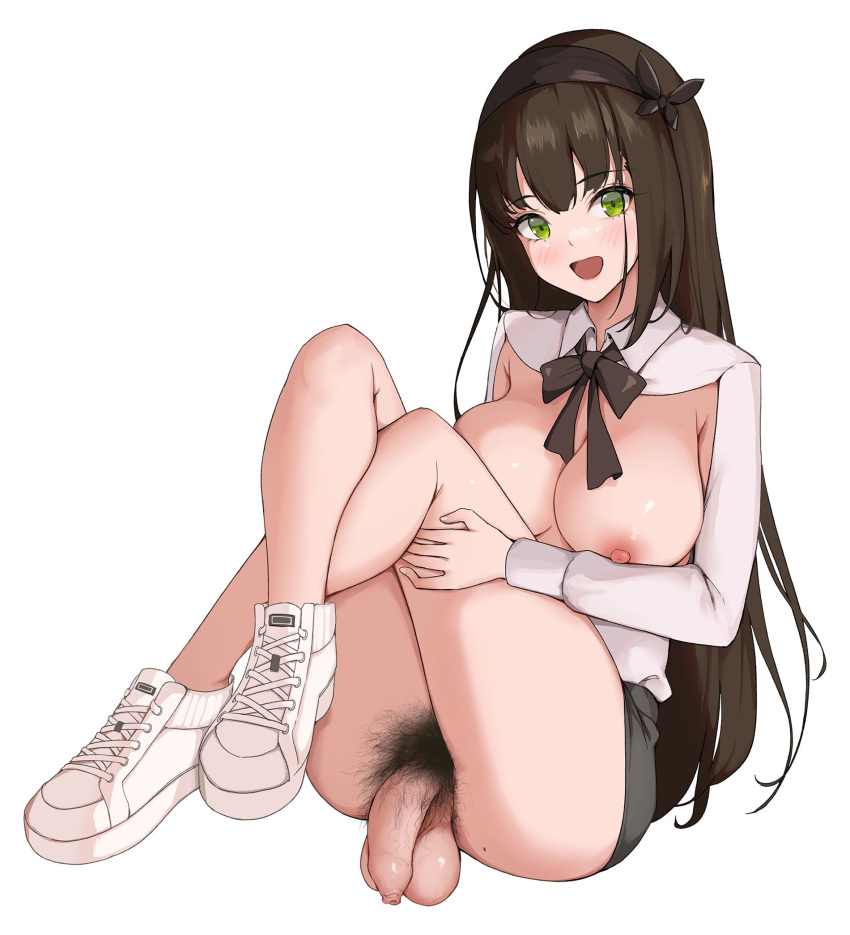 1futa 2023 anonymous_artist areolae artist_request balls bangs breastless_clothes breastless_shirt breasts breasts_out brown_hair clothed clothing cock-tail crossed_legs crotchless_skirt female_pubic_hair flaccid foreskin functionally_nude futa_only futanari green_eyes hairband human knees_up large_breasts light_skin long_hair looking_at_viewer mole mole_on_ass nipples no_panties open_mouth partially_clothed penis penis_out pubic_hair shirt simple_background sitting skirt smile sneakers solo squatting testicles uncut unretracted_foreskin white_background white_shirt white_shoes