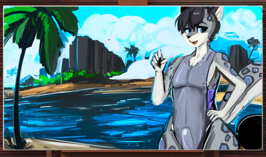 anthro athletic beach big_penis black_hair blue_eyes bulge clothed clothing detailed_background digital_media_(artwork) digital_painting_(artwork) dirtyscoundrel english_text erection felid fur genitals grey_body grey_fur hair hi_res kayz_(snepkayz) looking_at_viewer male mammal muscular one-piece_swimsuit open_mouth outside pantherine pecs penis sea seaside short_hair signature snow_leopard solo spots spotted_body standing swimwear text water white_body white_fur