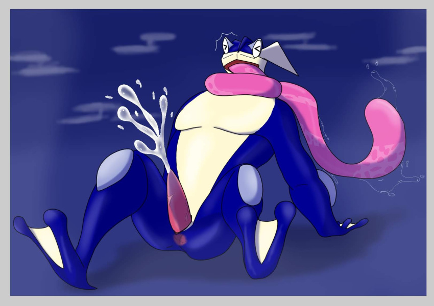 amphibian anthro anus assassinfenrir blue_body bodily_fluids colored cum cumshot digital_media_(artwork) ejaculation frog generation_6_pokemon genital_fluids greninja hands-free hi_res long_tongue male nintendo orgasm pink_tongue pokemon pokemon_(species) saliva saliva_on_tongue shaded simple_background solo tongue tongue_out