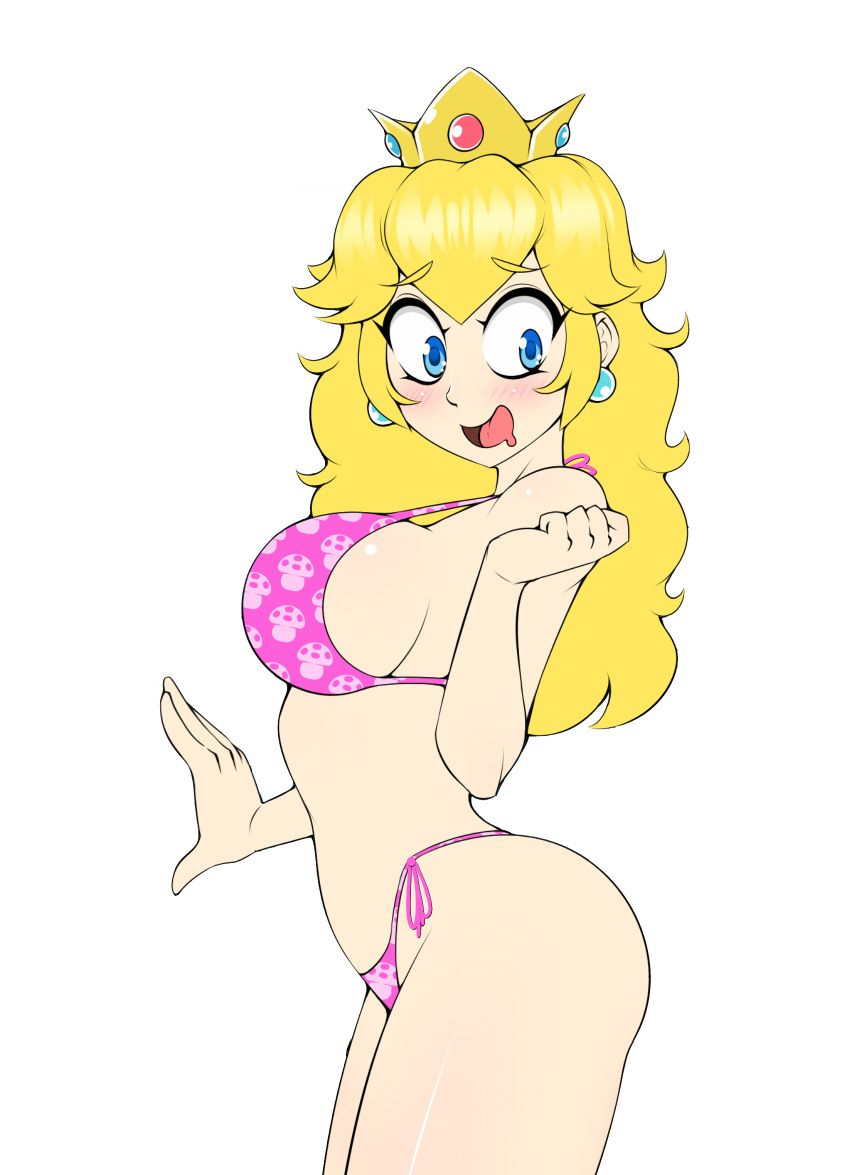 1girls bent_wrist big_breasts bikini blonde_hair blue_eyes blunt_katana blush breasts busty crown drooling female female_only from_side hi_res large_breasts legs long_hair mario_(series) nintendo open_mouth pink_bikini princess_peach sideboob smile solo swimsuit thighs voluptuous