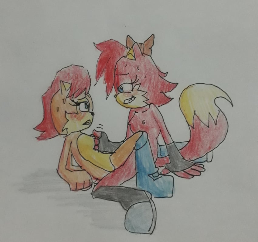 2d 2girls anthro blush boots breasts chipmunk color female female_only fingerless_gloves fiona_fox flustered fox furry furry_only grabbing_nipples jakee jpeg mammal nipples nude sally_acorn scissoring sega smiling smiling_at_partner sonic_(series) sonic_the_hedgehog_(series) sweat traditional_media_(artwork) white_background yuri