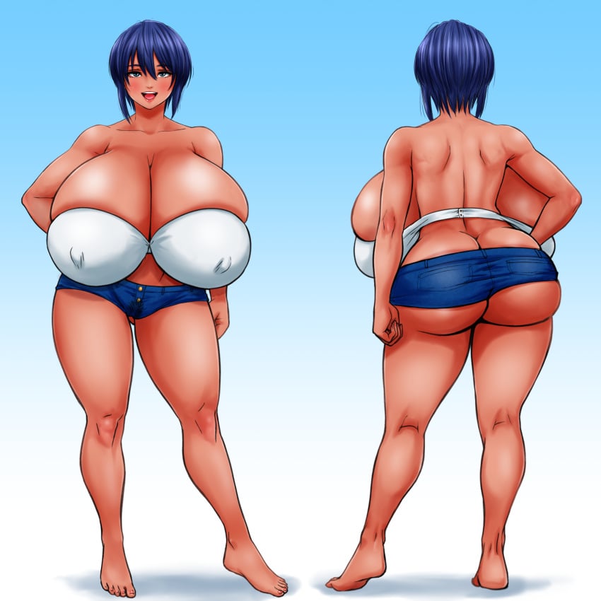 1girls ass_cleavage big_breasts butt_crack dark-skinned_female fanart female goripaisen huge_breasts large_breasts natsuki_(amazon) nipple_bulge short_hair solo