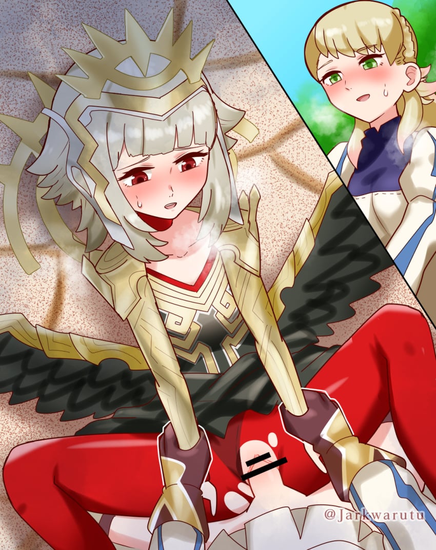 1futa 1girls alternate_costume alternate_hairstyle arm_grab arm_pull_missionary bangs blonde_hair blush breasts censored clothed clothing duo female female_focus fire_emblem fire_emblem_heroes flat_chest futa_on_female futanari gloves green_eyes grey_hair heavy_breathing human jarkwarutu light-skinned_female light-skinned_futanari light_skin long_hair medium_breasts mostly_clothed nintendo official_alternate_costume official_alternate_hairstyle on_back panties panties_aside pantyhose pov pussy red_eyes see-through sex sharena_(fire_emblem) short_hair small_breasts sound_effects spread_legs text torn_clothes underwear vaginal_penetration veronica_(fire_emblem) veronica_(princess_rising)_(fire_emblem) wings