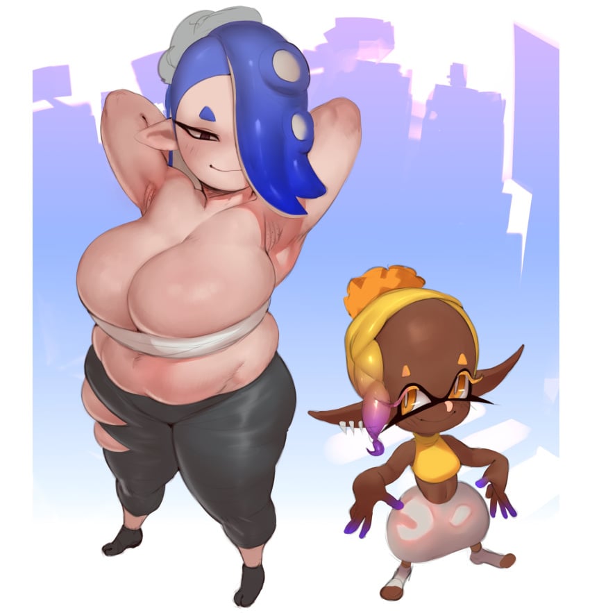 2girls big_belly big_breasts breasts chubby chubby_female cleavage female forastero frye_(splatoon) huge_breasts inkling obese octoling shiver_(splatoon) splatoon splatoon_3