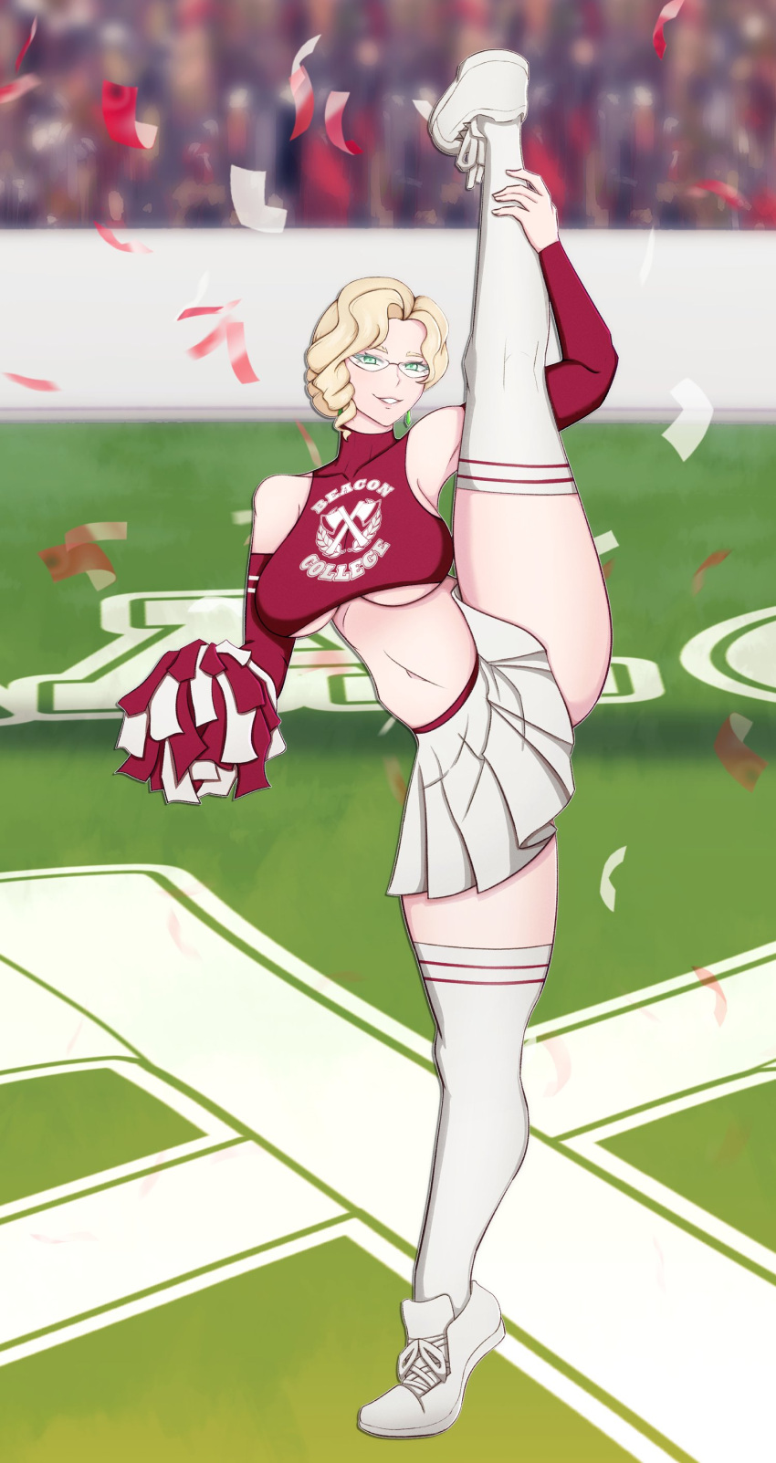 1girls big_breasts blonde_hair cheerleader cheerleader_uniform female female_only full_body full_color glasses glynda_goodwitch green_eyes light-skinned_female light_skin older_female pale-skinned_female pale_skin pom_poms rosewald1929 rwby short_hair skimpy_clothes smile smile_at_viewer sole thick_thighs thigh_socks underboob vertical_splits