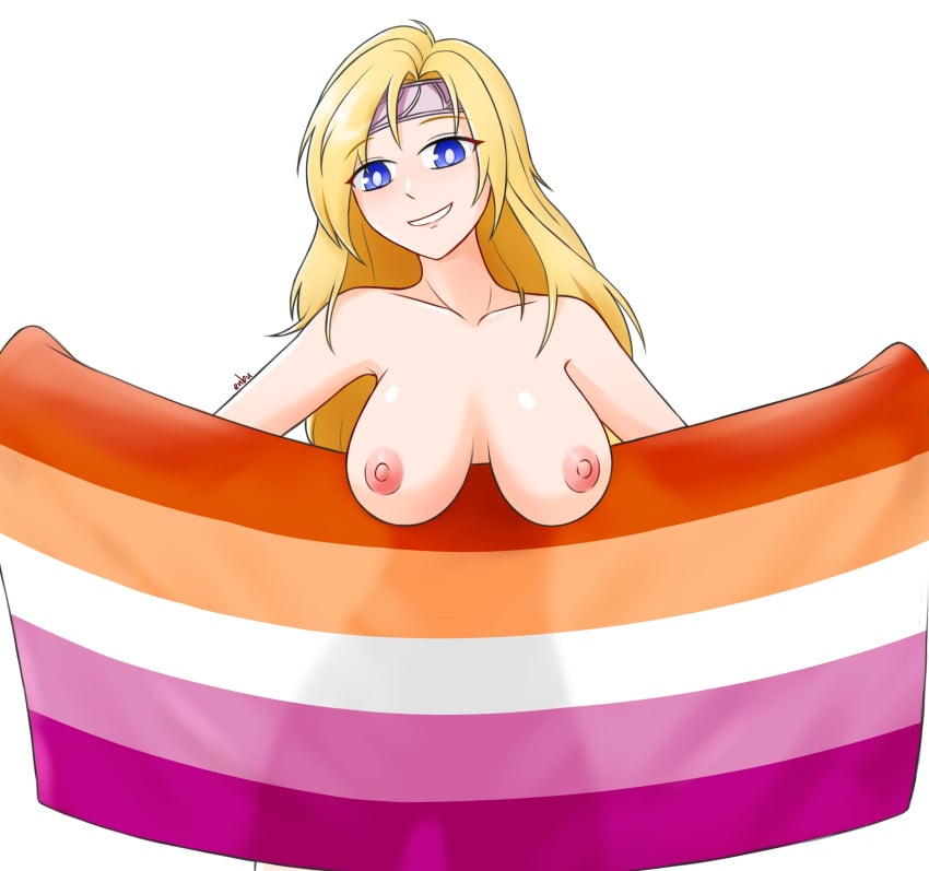 1girls bare_shoulders blonde_hair blue_eyes breasts breasts_out collarbone completely_nude enbu female female_only fire_emblem fire_emblem:_radiant_dawn flag flashing grin headband heather_(fire_emblem) holding holding_flag large_breasts lesbian_pride_colors looking_at_viewer naked_flag nintendo nipples nude nude_female pride see-through shoulders silhouette smile solo white_background yellow_hair yuri