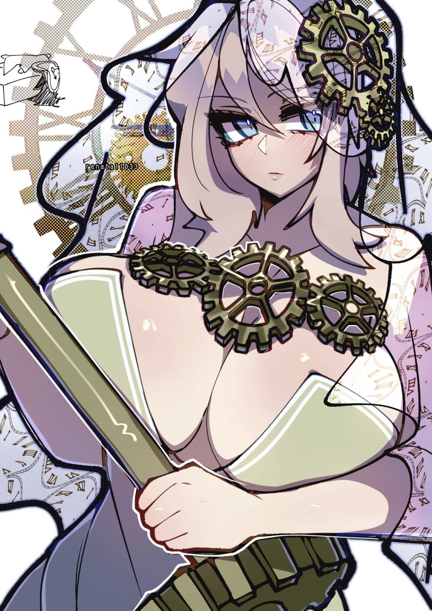 1girls artist_name bare_shoulders blue_eyes blush breasts bridal_veil cleavage clock faust_(limbus_company) female female_only gear huge_breasts large_breasts limbus_company neutral_expression project_moon renata11033 short_hair short_hair_with_long_locks solo white_hair