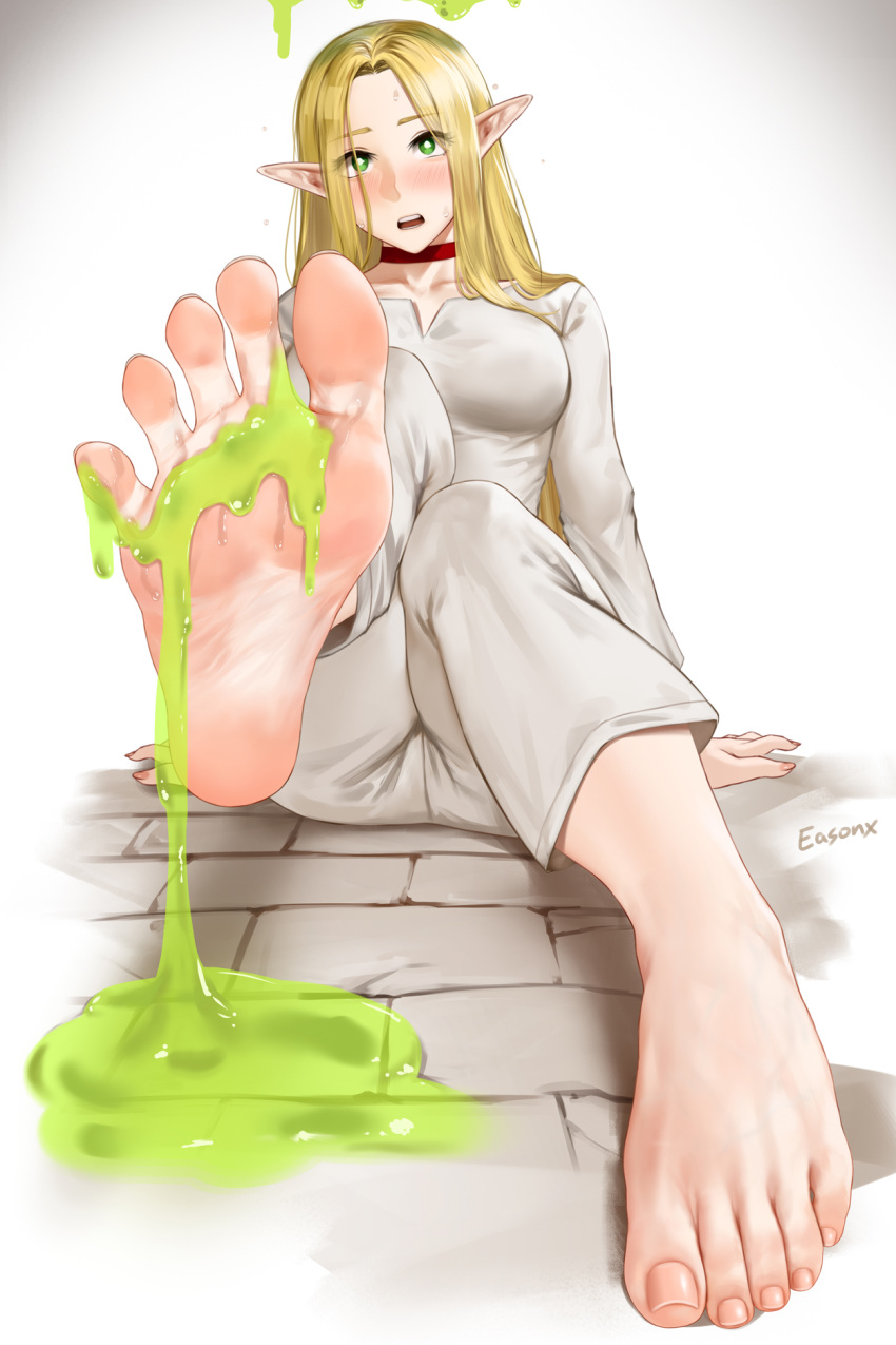 1girls barefoot blonde_hair blush dungeon_meshi easonx feet female female_only foot_fetish foot_focus green_eyes highres long_hair looking_at_viewer marcille_donato open_mouth pointy_ears slime_(substance) soles solo toes