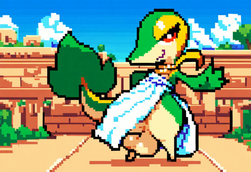 ai_generated anthro blue_sky building cloud day detailed_background digital_media_(artwork) femboy fence generation_5_pokemon hellsonger hi_res nintendo outside pixel_(artwork) plant pokemon pokemon_(species) red_eyes reptile scalie sky snivy solo toga tree