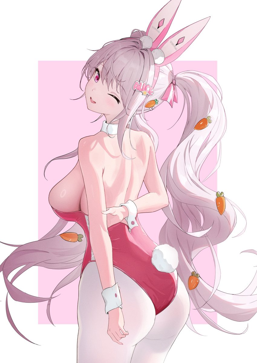 1girls alice_(nikke) alice_(wonderland_bunny)_(nikke) arms_behind_back ass breasts bunny_ears bunnysuit female female_only fully_clothed goddess_of_victory:_nikke one_eye_closed open_mouth pink_eyes revealing_clothes sideboob simple_background twintails upper_teeth white_hair