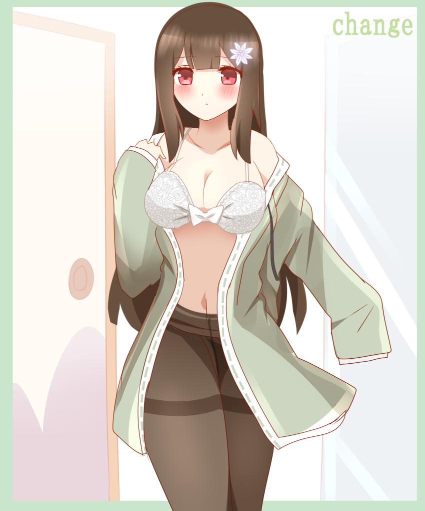 1girls big_breasts bra changing_clothes long_hair non(artist) original original_character panties tights undressing