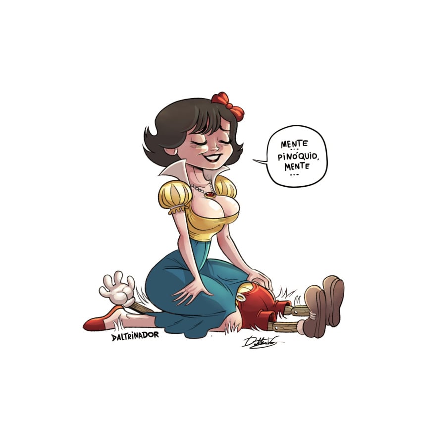 2d black_hair black_lipstick blush breasts cleavage closed_eyes daltrinador disney disney_princess dress facesitting female full_color fully_clothed necklace pinocchio_(character) ribbon short_hair sitting skirt smile snow_white_(disney) speech_bubble text