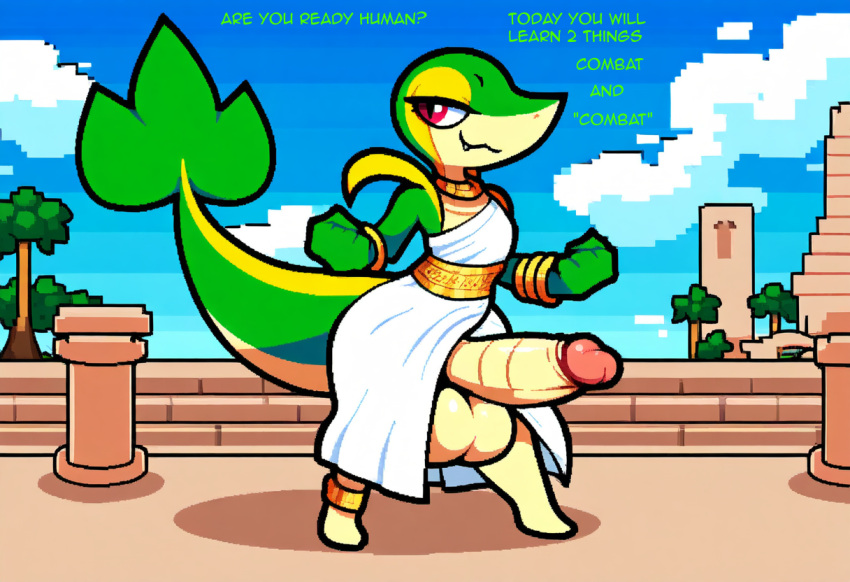 3_toes absurd_res ai_generated anthro balls barefoot big_balls big_penis biped bracelet clothed clothing cloud cute_fangs detailed_background digital_media_(artwork) dress erection eyelashes feet femboy futanari generation_5_pokemon genitals glans gold_(metal) gold_jewelry green_body hellsonger hi_res huge_cock humanoid_genitalia humanoid_penis jewelry male necklace nintendo outside penis plant pokemon pokemon_(species) pokemorph red_eyes reptile scales scalie sky smile snivy solo text toes toga tree